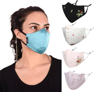 MASQ Anti-Pollution, Anti-Bacterial (BFE>99%) 4 Layer Embroidered, Designer, Fashionable & Protective Cotton Cloth Face Mask Combo for Women with 1 Detachable Chain & Ear Loops Verbina_Combo_Medium_05 Reusable, Washable Cloth Mask