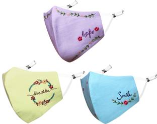 MASQ Anti-Pollution, Anti-Bacterial (BFE>99%) 4 Layer Embroidered, Designer, Fashionable & Protective Cotton Cloth Face Mask Combo for Women with Ear Adjusters & Mask Bag Serene_Combo_Large_03 Reusable, Washable Cloth Mask