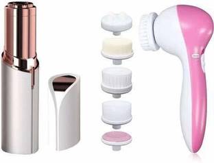 VACULACE Combo Pack of Trimmer and Face Massager Women's Painless safe battery operated Potable facial hair remover trimmer for upper lips, Chin, eyebrow, cheeks Razor with 5 in 1 Face Facial Massage Machine Massager