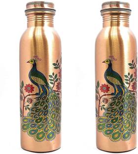 GOLDEN VALLEY Printed Copper Bottle for 1 Liter with Peacock Print Set of 2 Combo 1000 ml Bottle