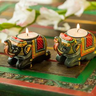 HDecor Handmade and Hand-Painted Wooden Elephant Candle Holders Stand and Table Decorative Tea Light Holder Diwali Decoration Wooden 2 - Cup Tealight Holder Set
