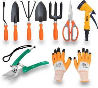 IBEX Garden Tool Set of 9- Pruner, Scissor, Nozzle Gun & Trowel Set of 5, Garden Gloves Garden Tool Kit