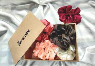 GET GLOBAL Pink Silk Hair Scrunchies Large Hair Tie Elastic Hair Bands Set of 5 pcs Rubber Band (Pink, White, Bronze) Rubber Band
