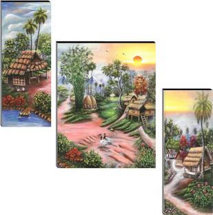 Indianara Set of 3 Village Art MDF Art Painting (3727FL) without glass (4.5 X 12, 9 X 12, 4.5 X 12 INCH) Digital Reprint 12 inch x 18 inch Painting