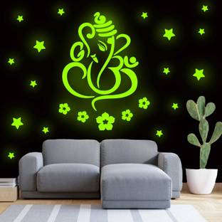 Ashamohar 29 cm Ganesha Ji Wall Stickers for Home Decoration for Hall, Pooja Room Temple Contain Wall Sticke Waterproof Wall Sticker PVC Self Adhesive Night Glow for Home, Office Glow in the Dark Sticker