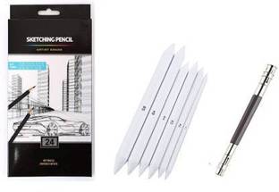Sabahz Trading Graphite Sketching Pencils - Pack of 24 (14B, 12B, 10B, 9B, 8B, 7B, 6B, 5B, 4B, 3B, 2B, B, HB, F, H - 9H) , Set of 6 White Paper Art Blending Stumps and One 13cm Twin Side Pencil Extender