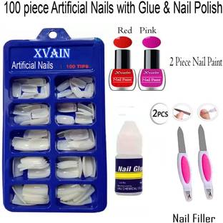 XVAIN Artificial nails for Girls with 2 nail polish and 1 piece nail filler, 100 Pcs Reusable Acrylic False Nails With Nail Glue and 2 piece Nail Filler For Women's & Girls White (Pack of 100) WITH DIFFERENT SHAPES AND STYLES WHITE White