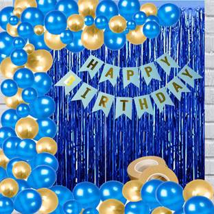 Realistic Store Happy Birthday Blue Banner 2 Shiny Fringes Curtain 50 Pcs Metallic Balloons