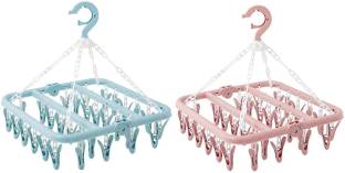 Urbanware Foldable Cloth Hanger with 28 Clips Laundry Drip Drying Hanger Rack Plastic Clothes Hanger for Socks Towels Underwear Bras Diapers Baby Clothes Pants Gloves Plastic Cloth Clips (Pack Of 2) Plastic Cloth Clips