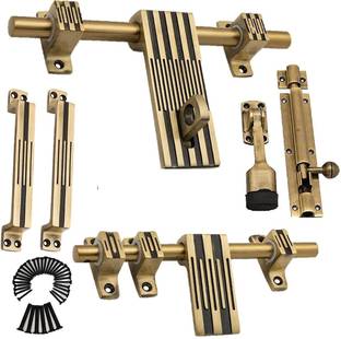 Goldstores 10 inches Aluminium Door Fittings Full Set | Door Hardware Accessories Kit, Brass Antique Finish | 1 Aldrop, 1 Latch, 1 Stopper, 1 Tower Bolt, 2 Handles (Line) Visit the Atom Store Aluminium Door Handle
