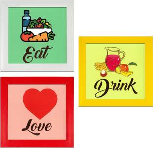 Indianara Set of 3 "Eat Love Drink" Framed Wall Hanging Laminated Paintings Matt Art Prints 9.5 inch x 9.5 inch each without Glass (4014MC) Digital Reprint 19 inch x 19 inch Painting