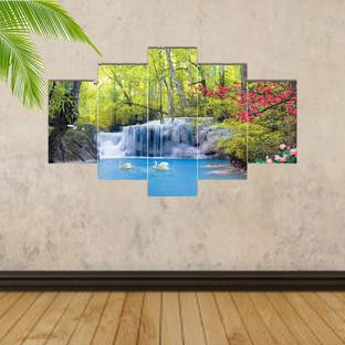 Masstone Vastu Natural Waterfall 5 Panel MDF Painting Digital Reprint 17 inch x 30 inch Painting