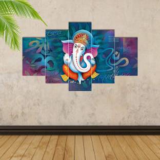 Masstone Lord Ganesha Blessing Religious 5 Panel MDF Painting Digital Reprint 17 inch x 30 inch Painting
