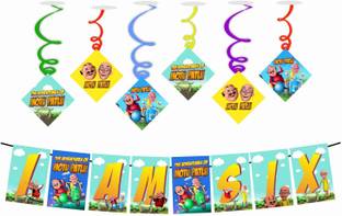 Balloonistics Motu Patlu Theme I am Six Kids 6th Birthday Banner and Swirls for Kids Birthday Decoration Backdrop Photo Shoot Backdrop and Theme Party 1 Banner and 6 Swirls Banner