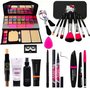 Prefetto COSMO Proof Kajal, 3in1 Combo set, Eyeliner, Fixer, Foundation,Primer,Highlighter Contour Stick,Eyelash,Curler,Set of 7 Multicolour Makeup Brushes,All in One Best Makeup kit 6155 (Eyeshadow,Blusher,Compact,Lip Gloss+ Blender Puff (14 Items in the set)