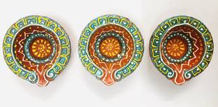 Z-Plus Traditinal Lamps Diyas Coloured Leaf Shape Shimmery Fancy With Stone Handmade, Handpainted, mud, clay, Terracotta Diyas. Terracotta (Pack of 3) Table Diya