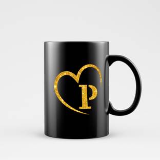 Dezzbee Creative Golden Heart Letter Alphabet P For Girls wife husband girlfriend boyfriend Mom Dat on Birthday Valentines Day and Anniversary White Ceramic 330ML Ceramic Coffee Mug