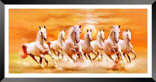 DBrush 7 Running White Horses Vastu Artwork With Framed Blessing Laminated Coated wall Digital Reprint 12 inch x 24 inch Painting