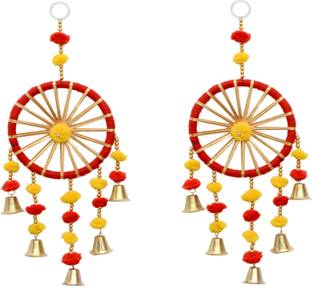 dhanak Rajasthani Handcrafted Door/WallHanging Dream Catcher Latkan Toran for Home/Office/Boutique_PomPoms Bells Gota_Multicolor_(35x13cm) (2Pcs.) Pack of 2