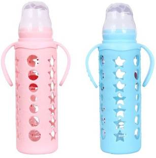 SBTs BOROSILICATE HANDY Glass Baby Feeding Bottle WITH ULTRASOFT LSR NIPPLE||SILICONE BOTTLE WARMER||EASY TO HOLD HANDLE||KEY TEETHER||HOOD RETAINING CAP AND SEALING DISC RING4 - 250 ml