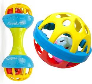 Noxxi Colorful Soft Ball and Dumbbell Combo Rattle Toy for Baby Bath Safe Non-Toxic Teether Babies 2months+ Sorting, Stacking Plugging Toys Children Toy and Infant Products Born Baby First Toys Rattle