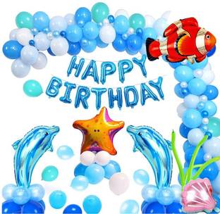 Bash N Splash Printed Underwater theme Ocean Dolphin starfish fish sea shell Theme Birthday Decoration Set 70Pcs For Boys / Girls, Kids Parties/1st, First Bday Decorations Balloons, Leaves, Foil Balloon Confetti Balloons Pack of 125 Pcs Balloon
