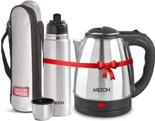 MILTON Combo Set Insta Electric Stainless Steel Kettle, 1.2 Litres, Silver and Flip Lid Thermosteel Hot or Cold Stainless Steel Water Bottle with Jacket, 750 ml, Silver Electric Kettle