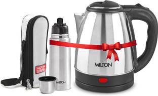 MILTON Combo Set Insta Electric Stainless Steel Kettle, 1.5 Litres, Silver and Flip Lid Thermosteel Hot or Cold Stainless Steel Water Bottle with Jacket, 350 ml, Silver Electric Kettle