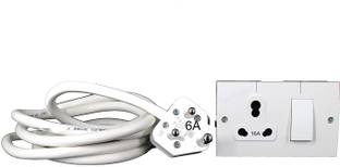 Honestystore Extension Board with Long Wire 1 Socket 1 Switch Combined (Polycarbonate)(White) (16 AMP Big Plug | 16 amp Big Socket | 1.5 mm Wire (3 Meter) 16 A Three Pin Socket