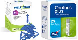 Wellstar CONTOUR PLUS 25 Test Strips With ROUND Glucometer Lancets (100) Glucometer Lancets