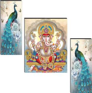 Indianara Set of 3 Ganesha With Peacock Art MDF Art Painting (3749FL) without glass (4.5 X 12, 9 X 12, 4.5 X 12 INCH) Digital Reprint 12 inch x 18 inch Painting