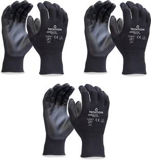 Techtion Black Half-Dip Nitrile PU Coating Safety Gloves For Industrial & Construction Use Pack of 3 Pairs L Nitrile  Safety Gloves