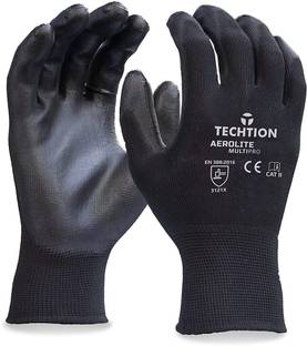 Techtion Black Half-Dip Nitrile PU Coating Safety Gloves For Industrial & Construction Use Pack of 1 Pair Nitrile  Safety Gloves
