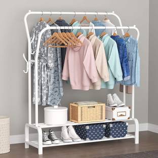 lukzer Lukzer Multipurpose Metal Garment Rack Heavy Duty Clothes Rail Double Pole Garment Stand with 2 Bottom Shelves & Side Hook Hanging Handbag Umbrella for Bedroom, Living Room (White) Iron Wall Shelf