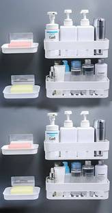 QXORE 8 ABS Plastic Traceless Self Adhesive self adhesive Waterproof toothbrush stands for bathroom / toothbrush stands plastic / soap dispenser / soap stand / for wash basin / for bathroom / toothbrush stand holder / toothbrush stand / wall mounted / Plastic Toothbrush Holder / Bathroom Shelf Rack / Kitchen Shelf / Wardrobe Shelf / Perfume Rack Plastic Wall Shelf Wall Shelves Bathroom Shelf Rack Waterproof / Kitchen Shelf No Drill Easy to Installeted Removable Reusable Vacuum Suction Rack Dishwasher Liquid, Brush, Cloth, Soap, Sponge, Heir Oil, (Combo (4 PCS BATHROOM WALL SHELF and 4 PCS SOAP CASE HOLDER ) Plastic Bathroom Set
