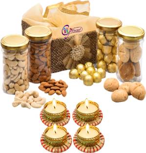 Giftrend Diwali Dry Fruit,Nuts And Chocolates Gift Basket/Hamper/Box With Cashew,Almonds,Swiss Chocolates,Cookies,Decorative Wax Diyas/Tealight For Business Promotion/Corporate Gifts/Clients/Relatives,400gm Wooden Gift Box