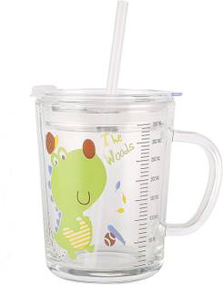 MOZILO Glass Random Design, Cartoon Pattern,Creative Multipurpose Drinking Glass Measuring/Cup with Silicone Straw and Lid Drink for Milk,Tea,Coffee,Juice,Thik Shake Cup & 450ML- Pack Of 1 Glass Coffee Mug