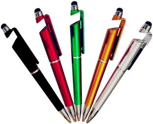Karic 3 in 1 Capacitive Touch Pen with Mobile Stand Holder, Writing Pen (Compatible for Android Touch Screen Smart Phones and Tablets Pack of 5 Ball Pen