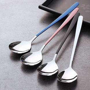 SHIDHMI Spoons, Stainless Steel Long-Handled Spoon,Silver Small Round Spoon,Household Tableware Set,Dessert Spoon,Suitable for Cafe Restaurant Set of 4 (Mix Colour) Stainless Steel Table Spoon Set