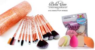 Bella Ciao Professional Series 12 Piece Face & Eye Makeup Brush Set With Storage Barrel - Shiny Brown With 6 in 1 Makeup Sponge Puff Pack - Soft