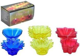 RANIC 12 Designer Transparent, Special & Reusable Diya, Colourful Shadow Reflection Diya Combo, Plastic Decorative Diwali Deepak, Oil Diye & Ghee Diya For Decoration, Indoor Outdoor Flower Shape Shadow Floating Diya for Diwali Puja, Colour - Multi-colour (Height: 2 inch) Plastic (Pack of 12) Table Diya Set