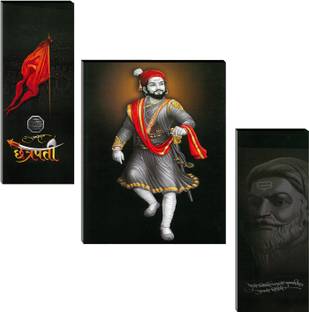Indianara Set of 3 Chatrapathi Shivaji MDF Art Painting (3769FL) without glass (4.5 X 12, 9 X 12, 4.5 X 12 INCH) Digital Reprint 12 inch x 18 inch Painting