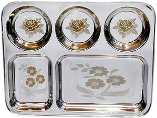 Sager Stainless Steel Lunch/Dinner Plate/Bhojan Thali 5 in 1 Compartments with Mirror Finish, Floral Laser Design in All compartments Dinner Plate