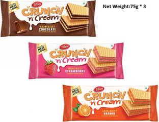 Tiffany Crunch n Cream Wafer - Chocolate,Strawberry And Orange Flavour - 75g (Pack of 3) Waffles