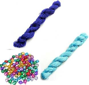 AN Sunshine Combo of beading Nylon Cord Thread 30 Mtr Chinese Knot Macrame Braided String Color - Blue Sky Blue & 100 Multicolor Ghungroo / Jingle Bells