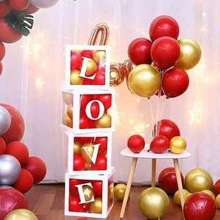 Anayatech Solid Love Surprise Transparent Cube Balloon Boxes Decoration -Pack of 28 Pcs- Latex, Chrome Balloon and LED Balloon (Multicolor, Pack of 28) Letter Balloon