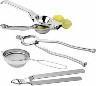 hurrio Set of 4 Kitchen Cooking Tools Stainless Steel Lemon Squeezer | Kitchen sandasi/pakad | Tea Strainer | chapati chimta/chipya, (Set of 4 Kitchen Tools Kitchen Tool Set
