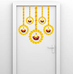 Crown Decals 48 cm Hanging multicolor diya pvc vinyl multicolor decorative wall sticker for wall decoration size : 48 Cm X 46 Cm Self Adhesive Sticker