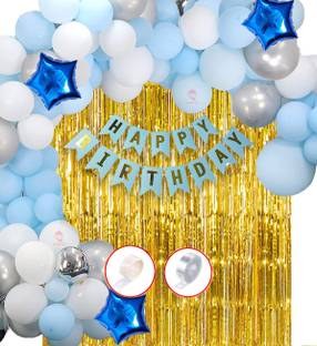 Hemito Solid Happy Birthday Decoration Kit Combo - 60pcs Birthday Banner Golden Foil Curtain Metallic Confetti Balloons With Hand Balloon Pump And Glue Dot for Boys Adult Husband Grand Father Dad/Happy Birthday Decorations Items Set Balloon