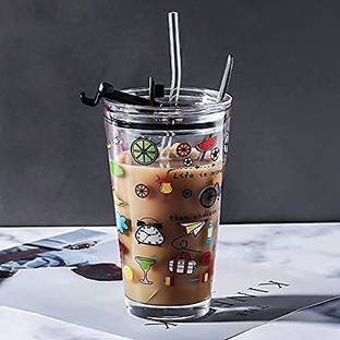 F QUEEN CREATION F QUEEN RANDOM DESIGN Glass Tumbler WITH STRAW 470ml PACK OF 1 PC Glass Coffee Mug